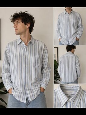 Perry Ellis Light Blue Stripe Cotton Button-Up Shirt